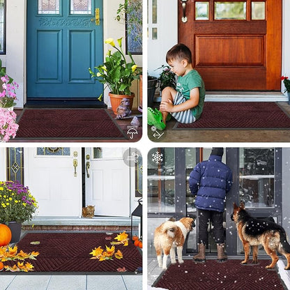 Smiry Front Door Mat Outside Entrance, Heavy Duty Sturdy Natural Rubber Doormat, Trap Dirt and Moisture, Easy Clean Low Profile Mats for Indoor Outdoor Entry, Irregular Triangle (59x24, Dark Red)