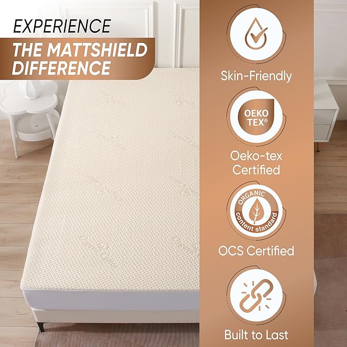 Luxury Waterproof Organic Mattress Protector Queen - Organic Cotton Breathable Mattress Pad Cover - Premium 380 GSM Comfort - Deep Pocket - Jersey Cotton Skirt - Fitted Design