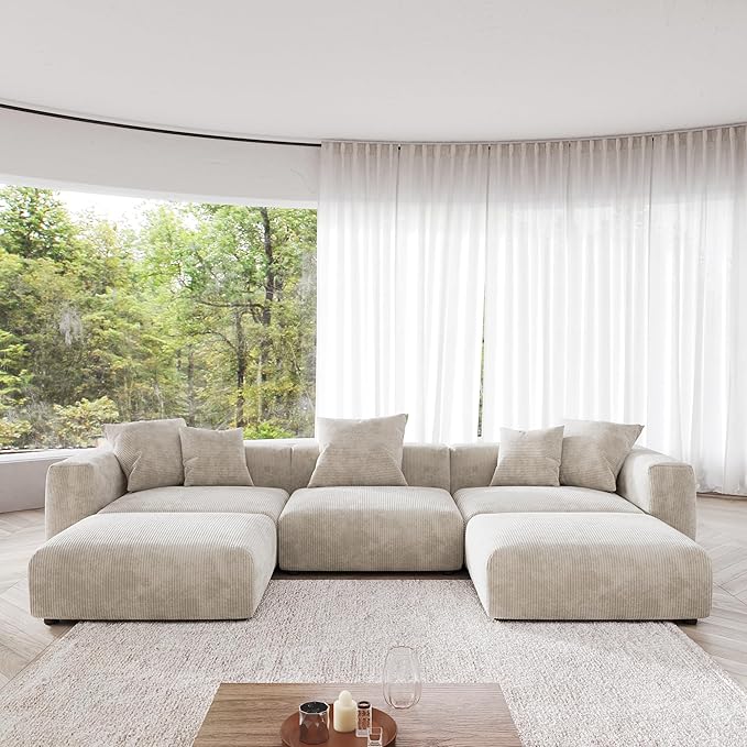 JACH 141" Oversized Modular Sectional Sofa, Deep 3-Seats Sectional Couch with Chaise Ottomans, Huge Plus Convertible Soft Sofas, Corduroy Minimalist Couches for Living Room, Apartment, Beige
