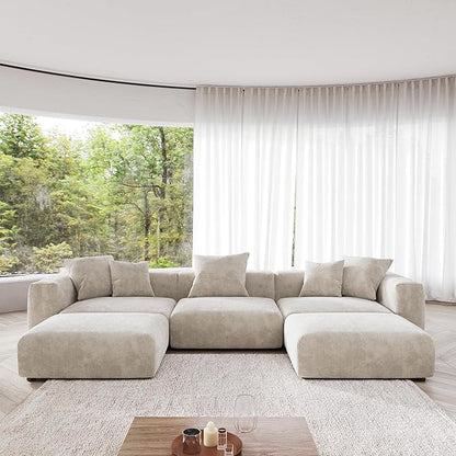 JACH 141" Oversized Modular Sectional Sofa, Deep 3-Seats Sectional Couch with Chaise Ottomans, Huge Plus Convertible Soft Sofas, Corduroy Minimalist Couches for Living Room, Apartment, Beige