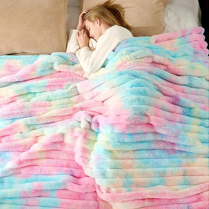 Cozy Bliss Faux Fur Throw Blanket for Couch, Cozy Warm Plush Striped Blanket for Sofa Bedroom Living Room, 108 * 90 Inches Tie-dye Rainbow
