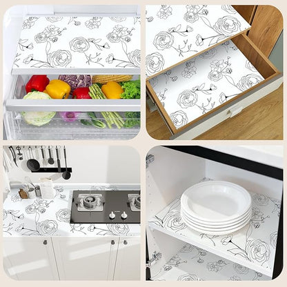 Shelf Liners for Kitchen Cabinets 17in x 20FT Non Adhesive Drawer Liner Black and White Floral Thickened Shelf Liner Paper Strong Non-Slip Easy to Clean for Tool Box with Knife and Tape Measure