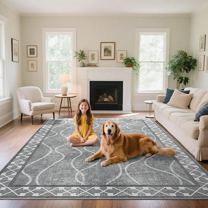 Washable Area Rug 8x10, Non-Slip Rugs for Living Room Bedroom, Low Pile Large Soft Alfombras, Modern Bordered Home Floor Rugs for Kids Playroom Office Dining Room Farmhouse, Light Grey