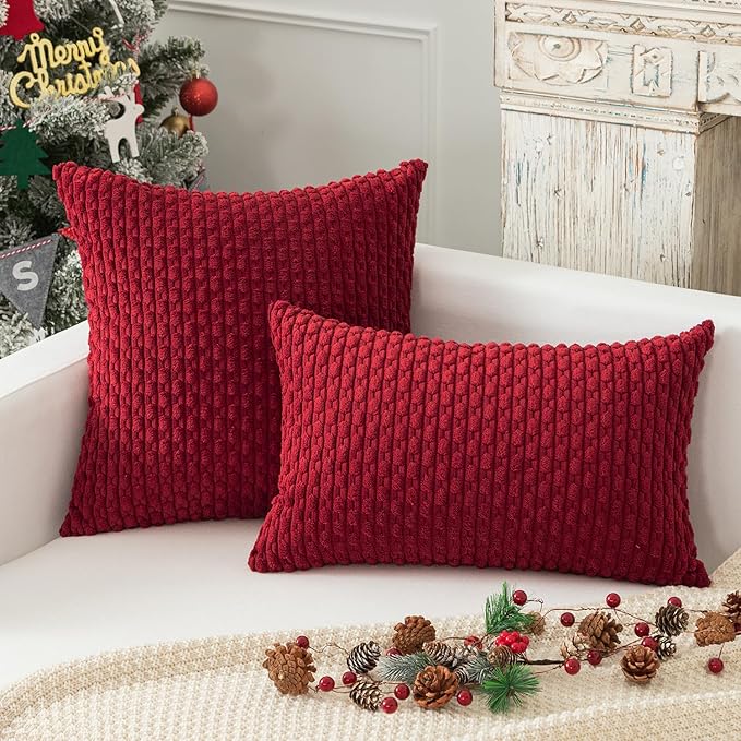 Kevin Textile 12x20 Inch Pillow Cover 1 Pack Boho Christmas Decorative Soft Striped Corduroy Lumbar Farmhouse Color Accent Rectangle Cushion Case for Living Room Couch Sofa Bed, Burgundy