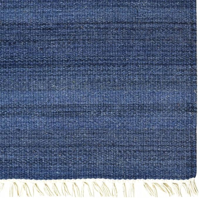 Rugsotic Carpets Hand Woven Flat Weave Kilim Wool ECO-Friendly Area Rugs - 7'x9', Rectangle Shape, Blue Color, Solid Plain Design, Low Pile Handmade Area Rugs for Living Room, Bed Room (D00111)