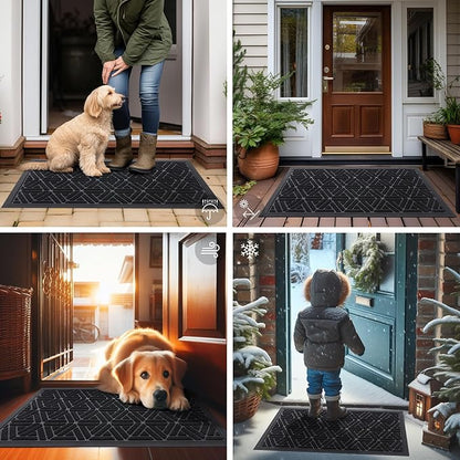 Smiry Front Door Mat Outside Entrance, Heavy Duty Sturdy Natural Rubber Doormat, Trap Dirt and Moisture, Easy Clean Low Profile Mats for Indoor Outdoor Entry, Grid Geometric (36x24, Black)