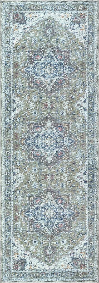 Bloom Rugs Washable Non-Slip 7 ft Runner - Green/Blue Traditional Medallion Runner for Entryway, Hallway, Bathroom, and Kitchen - Exact Size: 2.5' x 7'
