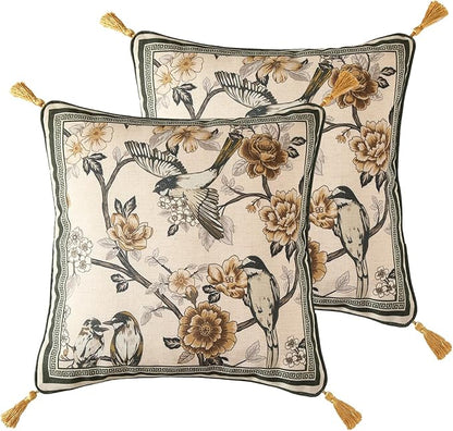 ISAENNE Design Linen Chinoiserie Square Throw Pillow Covers 18"x18" Pack of 2, Farmhouse Cushion Covers with Yellow Floral Birds Pattern Decoration Pillowcases for Bed,Living Room,Outdoor,Car