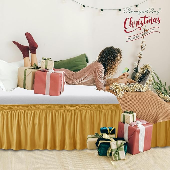 Biscaynebay Wrap Around Bed Skirts for Queen Beds15 Drop, Christmas Gold Adjustable Elastic Dust Ruffles Easy Fit Wrinkle & Fade Resistant Silky Luxurious Fabric Machine Washable