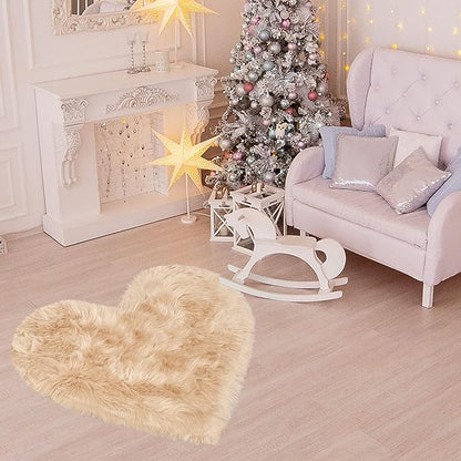 uxcell Heart Shaped Rugs for Bedroom,Small Aesthetic Carpet Girls,Cute Shaggy Floor Mirror Mat,Pastel Furry Throw Rug 2.3ftx3ft, Khaki