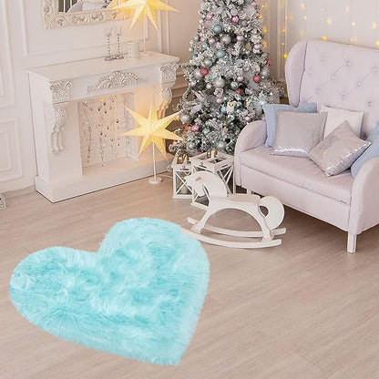 uxcell Heart Shaped Rugs for Bedroom,Small Aesthetic Carpet Girls,Cute Shaggy Floor Mirror Mat,Pastel Furry Throw Rug 2.3ftx3ft, Light Blue