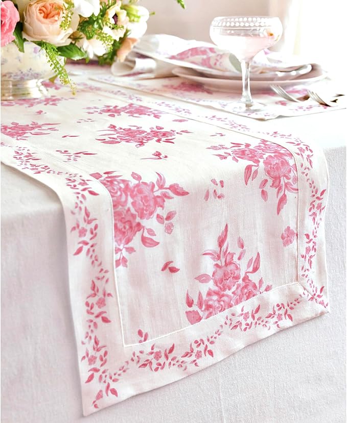 Solino Home Pink Floral Print Table Runner 120 Inches Long - 100% Pure Linen Table Runner 14 x 120 Inch - Handcrafted and Machine Washable - Jolie Fleur Print