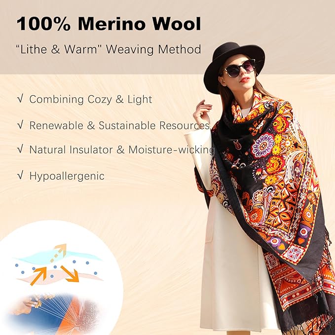 DANA XU 100% Merino Wool Pashmina Shawl for Women 96"x43", Oversized Cashmere Wrap with Tassels, Floral Travel Blanket Cape
