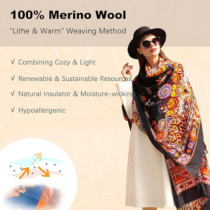 DANA XU 100% Merino Wool Pashmina Shawl for Women 96"x43", Oversized Cashmere Wrap with Tassels, Floral Travel Blanket Cape