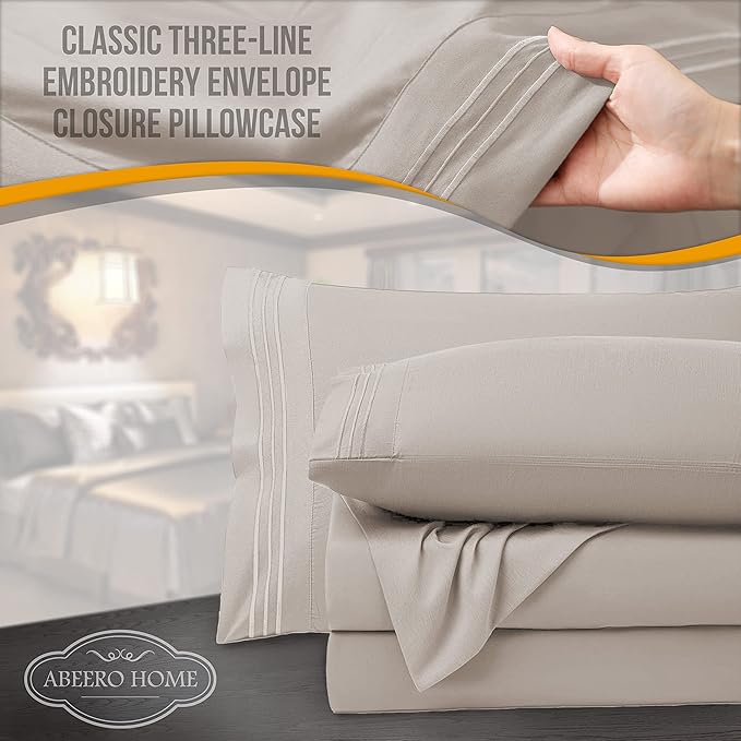 King Size Sheets Set Cooling - Luxury Hotel Sheets - Soft Bed Sheet with Elastic Corner Straps - Deep Pockets Microfiber Bedsheet - Bedding Sheet & Pillowcases - 4 Piece (King, Beige)