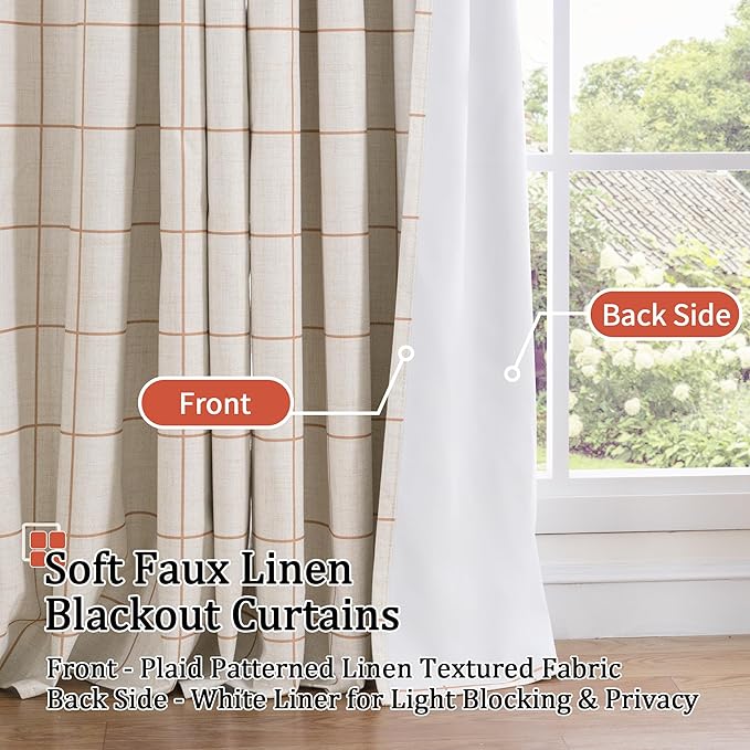 Plaid Curtains Pattern Printed 90 Inches Long - Total Linen Blackout Curtains for Living Room, Boho Grommet Drapes for Farmhouse Thermal Drapery 52x90 Inch 2 Panels, Terracotta