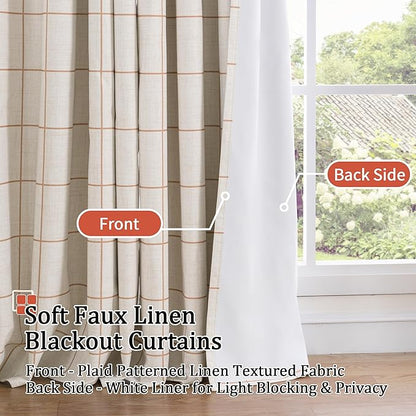 Linen Blackout Curtains for Living Room - Plaid Patterned Curtains 72 Inch Long, Boho Black Out Thermal Insulated Drapes for Bedroom Grommet Style 52x72 Inch 2 Panels, Terracotta