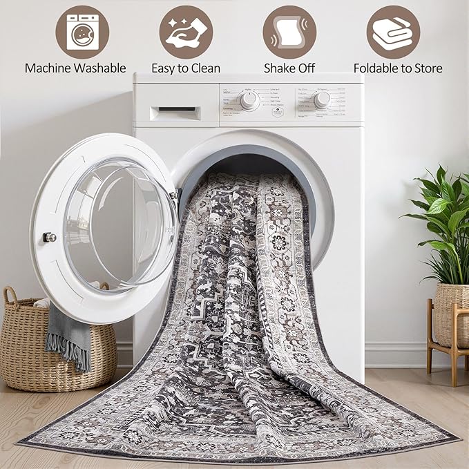 Runner Rug Kitchen Washable Rugs: 3x8 Non-Slip Boho Vintage Distressed Stain Resistant Indoor Floor Moody Oriental Throw Carpet for Hallway Bathroom Laundry Room Entryway Bedroom- Black