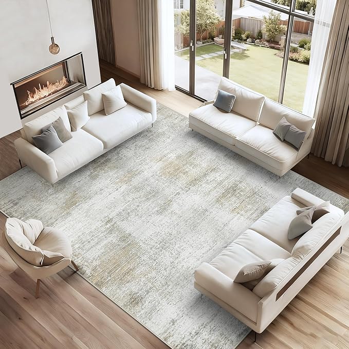 9x12 Area Rugs for Living Room: Washable Modern Abstract Rug Large Soft Non-Slip Rugs Indoor Low-Pile Carpet for Bedroom Dining Room Home Office (Beige, 9'x12')