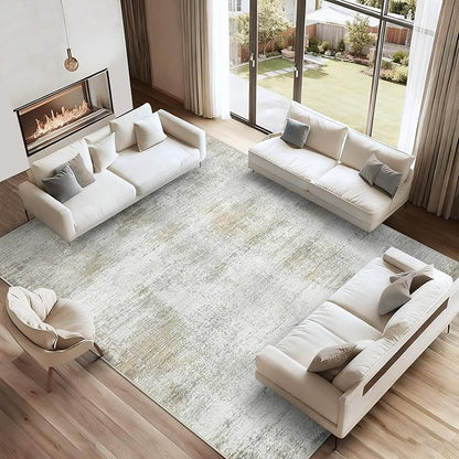 9x12 Area Rugs for Living Room: Washable Modern Abstract Rug Large Soft Non-Slip Rugs Indoor Low-Pile Carpet for Bedroom Dining Room Home Office (Beige, 9'x12')