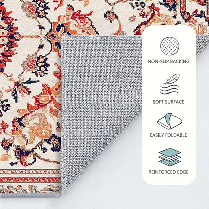 6x9 Traditional Oriental Area Rug Boho Orange White Rug Non Slip Low Pile Large Carpet for Home Kitchen Living Room Bedroom Dining Room Office