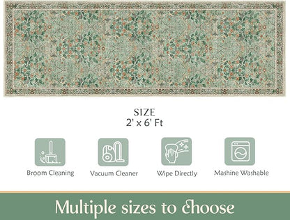 MUJOO Washable Runner Rug Green,Floral 2x6 Runners for Hallway Kitchen Bedroom Bedside Bathroom Laundry Room,Long Non Slip Throw Carpet Boho Indoor Botanical Vintage Ultra-Thin