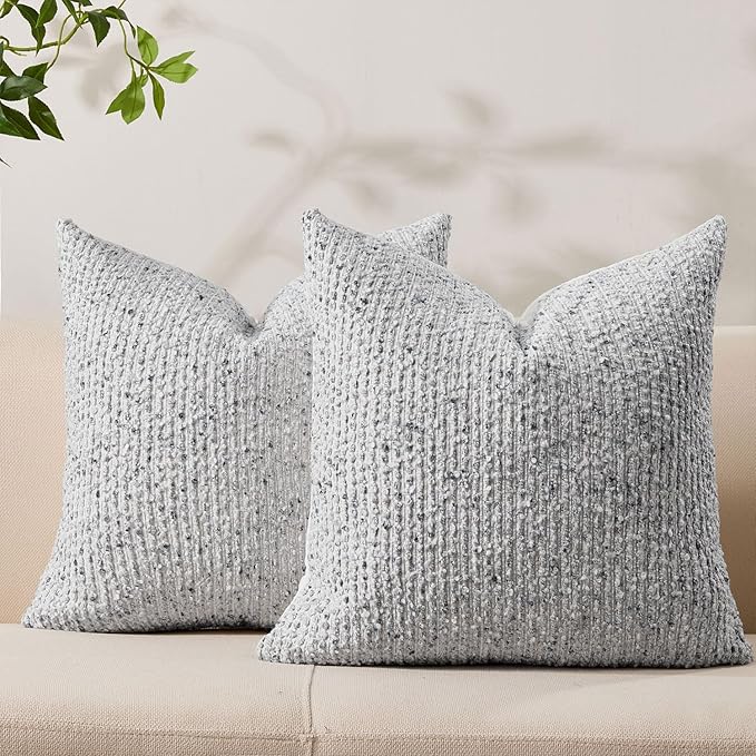 Decorative Couch Throw Pillow Covers 20x20 Set of 2 Blue Striped Soft Wool Pillow Covers Neutral Textured Boho Cushion Covers for Modern Farmhouse Sofa Bedroom Living Room Decor SY012-C20