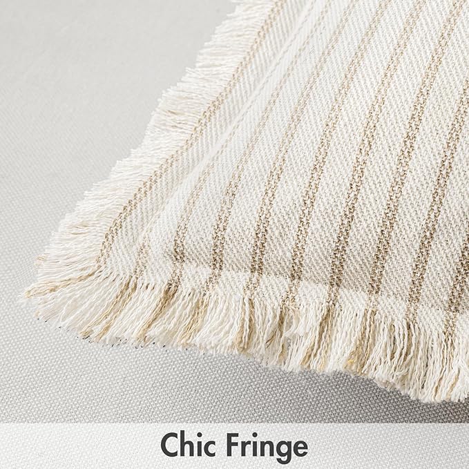 MIULEE Pack of 2 Khaki Pillow Covers 22x22 Inch Striped Farmhouse Couch Throw Pillow Covers with Fringe Chic Linen Decorative Cushion Covers for Sofa Living Room Bed Outdoor Home Decor