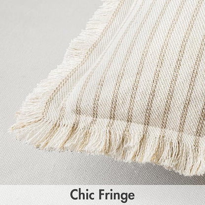 MIULEE Pack of 2 Khaki Pillow Covers 22x22 Inch Striped Farmhouse Couch Throw Pillow Covers with Fringe Chic Linen Decorative Cushion Covers for Sofa Living Room Bed Outdoor Home Decor
