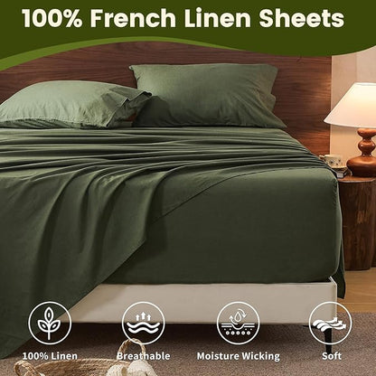 100% Linen Sheet Set Queen Size Extra Deep Pocket Fits 18-24 Inch Mattress, Breathable & Soft, Smooth 6-Piece Set for Thick Mattresses Hotel Luxury Bedding（Queen, Forest Green）