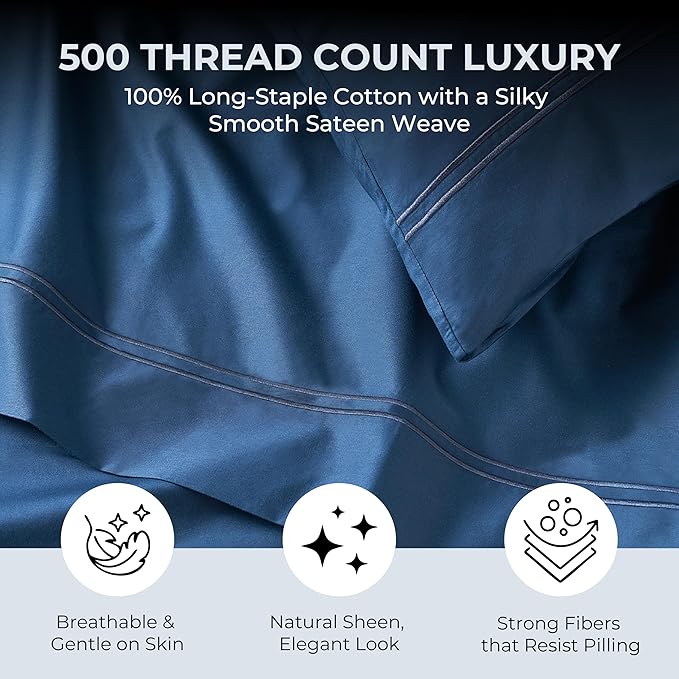 100% Natural Cotton Bed Sheets | 500 TC Single-Ply Sateen Weave Twin Sheets Set | Breathable & Hypoallergenic Solid 3-Piece Bedding with Deep Pocket Fitted, Flat, Pillowcase | Navy Blue