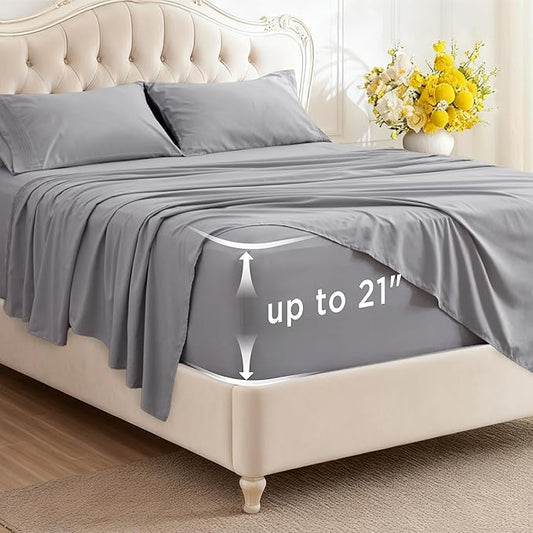 Bedsure Deep Pocket Queen Sheets Set - Fits Mattresses Up to 21 Inches Thick - 4 Piece GentleSoft Bed Sheets, Moisture Wicking, Soft & Cooling Bedsheet & Pillowcases, Easy & Secure Fit, Light Grey