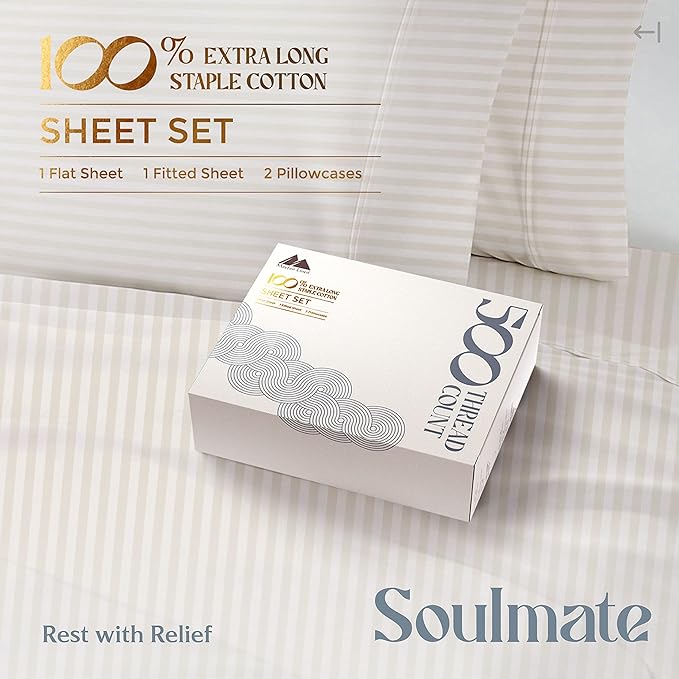 Mayfair Linen 100% Cotton Striped Sheets Twin Size Bed Set - 500 Thread Count Damask Sheets Twin Size 3 PC Set (Beige Stripe), Soft, Cooling, Sateen Hotel-Quality 16" Deep Pocket Cotton Bedsheet