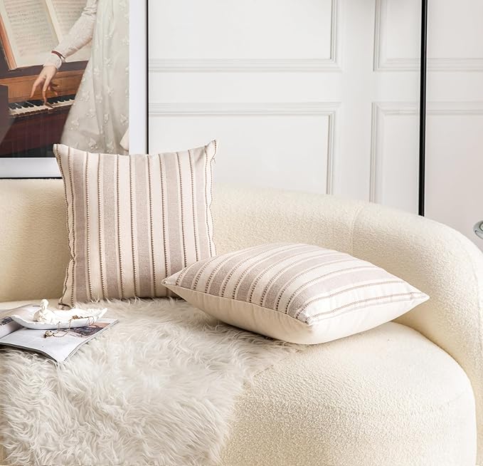 Decorative Boho Throw Pillow Covers, Farmhouse Textured Pillow Case, 18 x 18 Inch Set of 2, Chair Sofa Bedroom Living Room Home Decor Couch Cushion Case, Taupe and Beige Striped