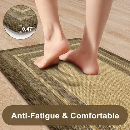 KIMODE Anti Fatigue Kitchen Mats for Floor, Farmhouse Kitchen Rugs Sets of 2, Cushioned Kitchen Floor Mats, Comfort Standing Mat for Sink Laundry Office Desk Brown/Khaki 17"x47"+17"x29"