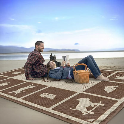 FXW Camping Rug, 10' x 14' Large Waterproof Portable RV Mat, Easy-to-Clean Straw Plastic Mat for Outdoor, Patio, Backyard, Deck, Picnic, Beach, Trailer, Brown & Beige