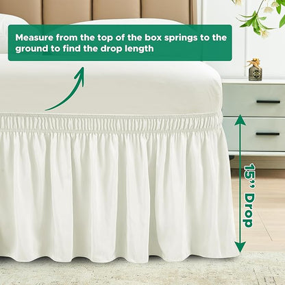 Biscaynebay Wrap Around Bed Skirts for Full & Full XL Beds 15" Drop, Ivory Adjustable Elastic Dust Ruffles Easy Fit Wrinkle & Fade Resistant Silky Luxurious Fabric Machine Washable