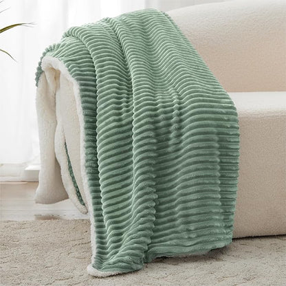 Sherpa Throw Blanket for Couch - Super Soft & Thick, Green Throw Blanket, Warm Blankets for Winter, Fluffy Blanket for Sofa Bed, Striped Fleece, Sage, 50"x60"