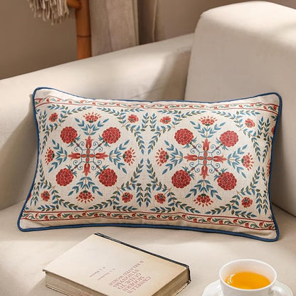 patdrea Designer Throw Pillow Covers Set of 2,Lumbar Brilliant Vintage Red Tropical Linen with Floral Pattern Pillow Cover,Decorative Rectangle Pillowcases Cushion for Bed Living Room,12"x20"