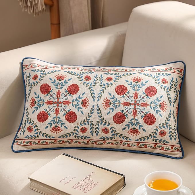 patdrea Designer Throw Pillow Covers,Lumbar Brilliant Vintage Red Tropical Linen with Floral Pattern Pillow Cover,Decorative Rectangle Pillowcases Cushion for Bed Living Room,12"x20"