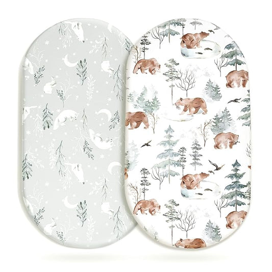 Stretchy Bassinet Mattress Sheets, Ultra Soft Bassinet Sheet 2 Pack, Universal Fitted for Oval Hourglass Rectangular Bassinet Mattress Pad Safe and Snug, Stylish Pattren of Bear and Wolf Print