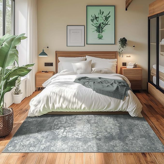 jinchan Washable Area Rug 6x9 for Living Room - Soft Faux Wool Ultra-Thin Stain Resistant Non-Slip Distressed Vintage Floral Rug Large Carpet for Bedroom Dining Room Home Office Nursery(Grey, 6'x9')