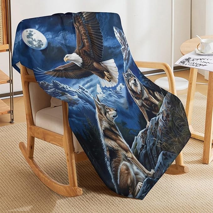 Bald Eagle Wolf Throw Blanket Wild Animal Print Blankets Gifts Couch Sofa Bed Stuff Decor Soft Cozy Lightweight Flannel Bedding for Lover 50"x60"