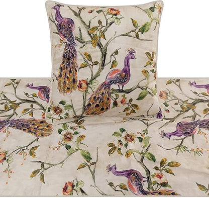 The HomeCentric King Queen Twin Ivory & Multicolor Decorative Twin 53"x18" Bed Runner with 2 Pillow Cover, Peacock Bed Scarf on Cotton Printed with Beads Fabric - Peacock Queen