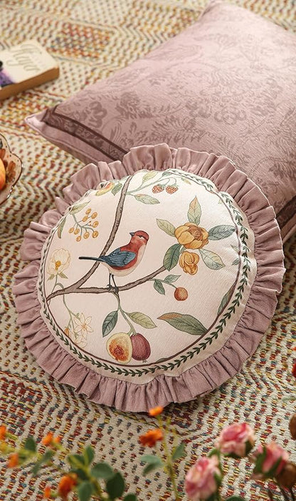 Pink Farmhouse Round Throw Pillow Covers, Birds and Flowers Pattern Cozy Velvet Pillowcases,Decoration Pillows Cushion Covers for Couch Sofa Bed Car Chair,Diameter 16"