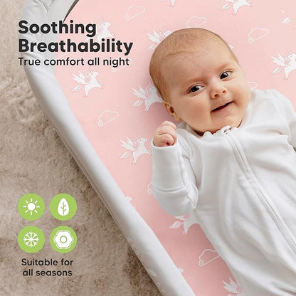 2-Pack Organic Bassinet Sheets for Girls, Boys - 100% Cotton Bassinet Mattress Sheets Compatible with Halo Bassinest Swivel Sleeper, Graco,Baby Delight,Chicco,Unisex Fitted Bassinet Sheets (Dreamland)
