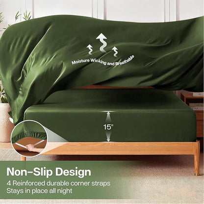 MR&HM California King Fitted Sheet, Ultra-Soft Rayon Derived from Bamboo & Polyester Blend, Silky & Breathable, 15" Deep Pocket with Elastic Straps, Cooling Fitted Sheet for Hot Sleepers, Olive Green