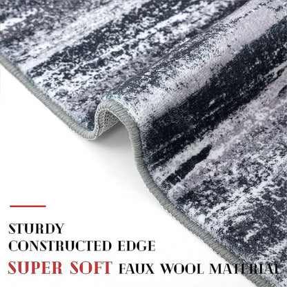 Modern Abstract Hallway Runner Rug, Black Grey Washable Entryway Runner Non-Slip Soft 2x8 Runner Rug Thin Print Faux Wool Carpet for Kitchen Bedroom Laundry Room Indoor Home Decor