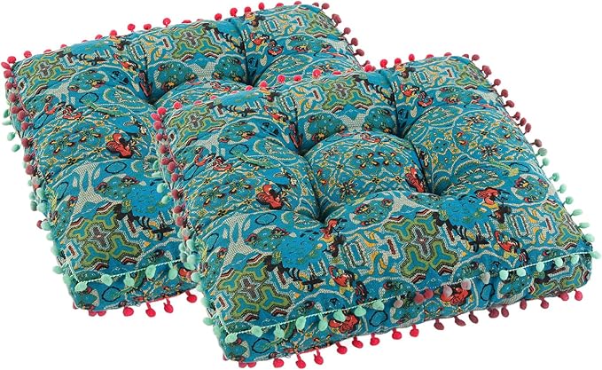 Bohemian Seat Cushion，Indoor & Outdoor 16.5" x 16.5" Seating Cushion for Dinning Chairs, Decorative with Tassels(2Pcs, Green)