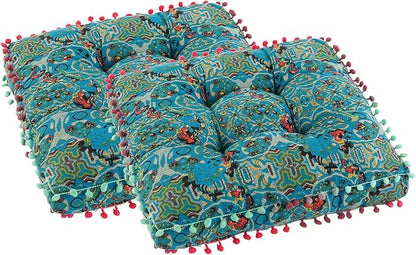 Bohemian Seat Cushion，Indoor & Outdoor 16.5" x 16.5" Seating Cushion for Dinning Chairs, Decorative with Tassels(2Pcs, Green)